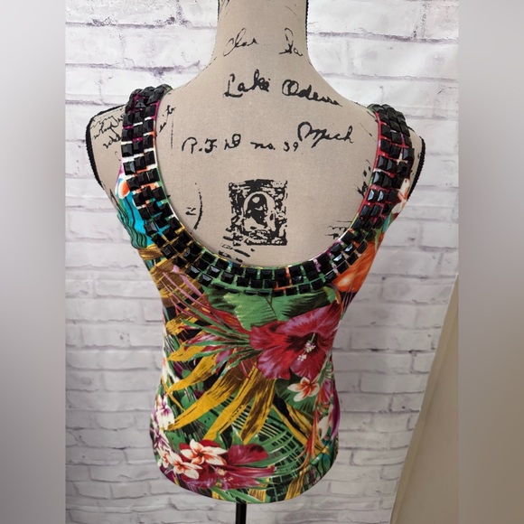 Cache Sz S Y2K Beaded Tropical Tank top Scoop Neck Hibiscus Floral Bold Mob Wife - Picture 3 of 13